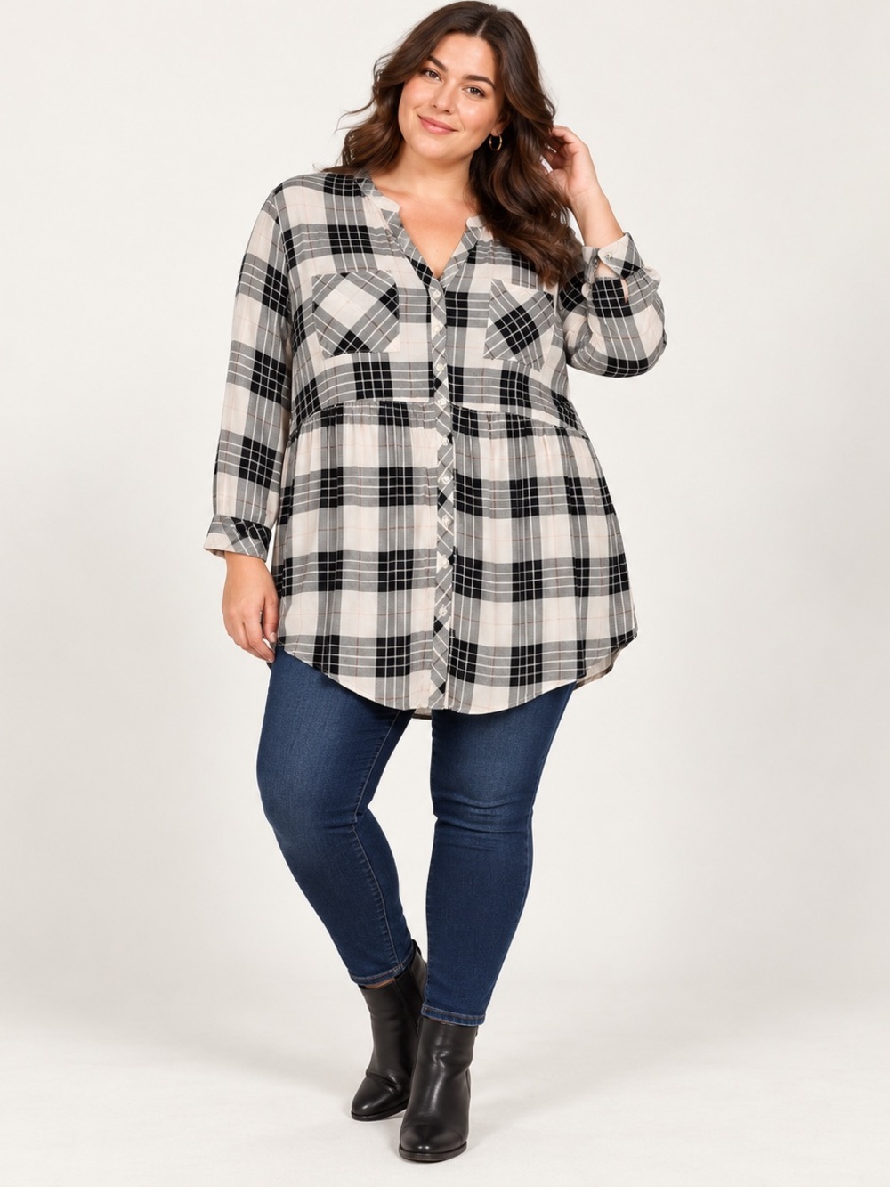 Torrid Size 0 (US 14/16) Plaid Babydoll Tunic Blouse Black Grey High Low Rayon